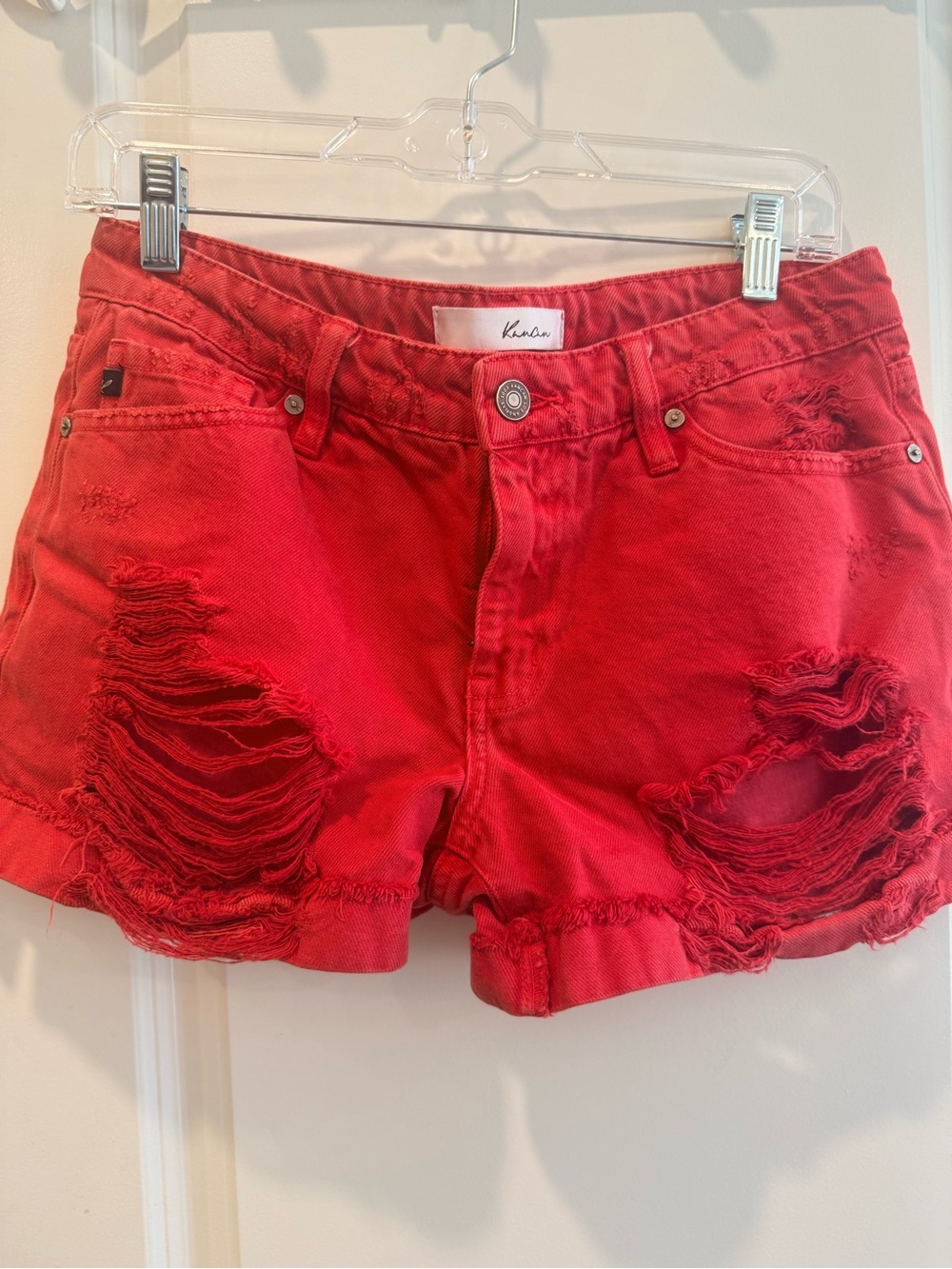 KanCan Red Distressed Cotton Denim Shorts Size M
